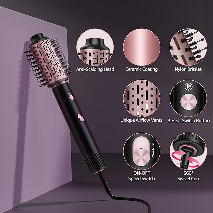 SKIMI 110,000 RPM Brushless Motor Hair Dryer Brush - 5 Muti-Styler for Fast Drying, Curling, Volumizing & Straightening | High-Speed Hot Air Brush for All Hair Types (Black & Rose Gold)