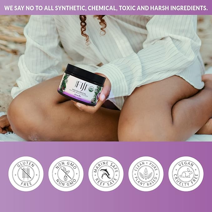 Organic Fiji Raw Cold Pressed Coconut Oil for Hair, Skin, Face & Body | Relaxing Massage Oil | Lavender,12 oz for Women Men & Baby