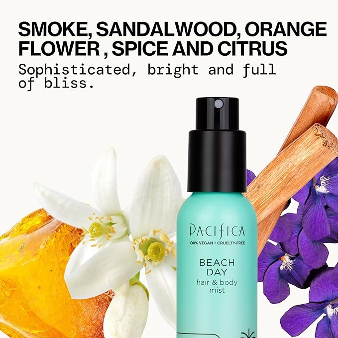 Pacifica Beach Day Hair Mist Perfume & Full Body Spray for Women - Body Mist Fragrance w/Bergamot, Orange Flower, Sandalwood, Amber, Musk & Suede Leather – Clean Beauty Alcohol-Free, Vegan 5 oz