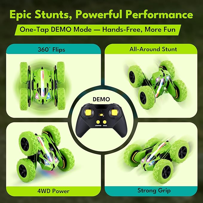 Remote Control Car RC Cars Toys for Boys Girls Ages 6-12, Upgraded USB-C Modular Batteries, Threeking 4WD Stunt Car with Breathing Soft Lights, Double-Sided Driving & 360° Flips, Presents Gifts, Green