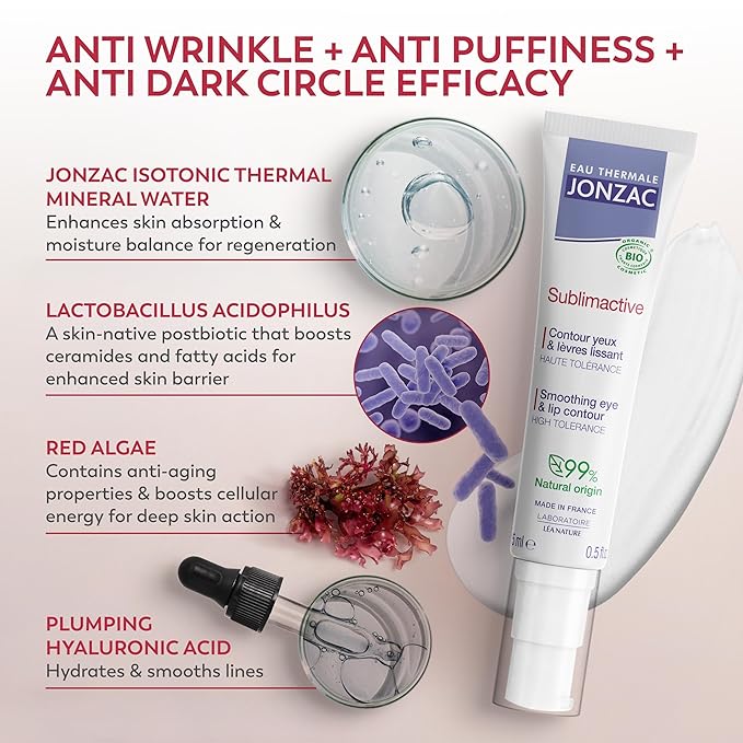 JONZAC Eau Thermale Sublimactive Organic Anti-Aging Eye & Lip Contour Cream - Reduces Fine Lines and Puffy Eyes - Dark Circles Reduced - Natural Skin Care - 0.5 fl oz