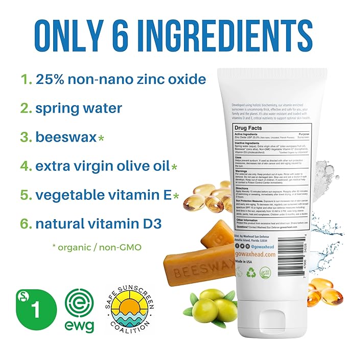 Waxhead Non-Nano Zinc Oxide Sunscreen, EWG Sunscreen with Zinc Oxide for Face & Body, Mineral Natural Non-Toxic Pure Sunblock, Biodegradable Cream Lotion Sun Block, Tattoo, Eczema Vitamin D + E (4oz)
