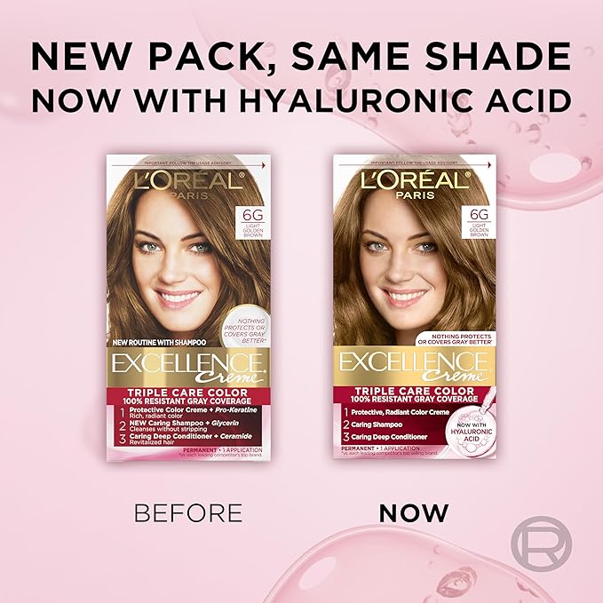 L'Oreal Paris Excellence Crème Permanent Hair Dye, Triple Care Hair Color with Pro-Keratine Complex for 100% Gray Hair Coverage, 6G Light Golden Brown, 1 Kit