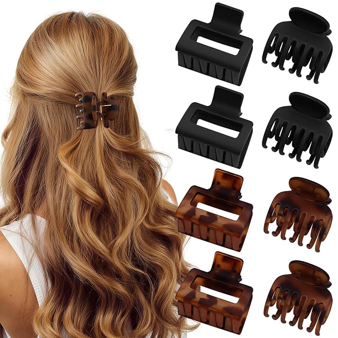 8 Pcs Medium Hair Clips for Women Girls - 2 Styles Rectangle and Double Row Teeth Small Claw Clips for Thin Thick Hair, Matte Non-slip Strong Hold Jaw Clips Hair Accessories, Tortoise & Black