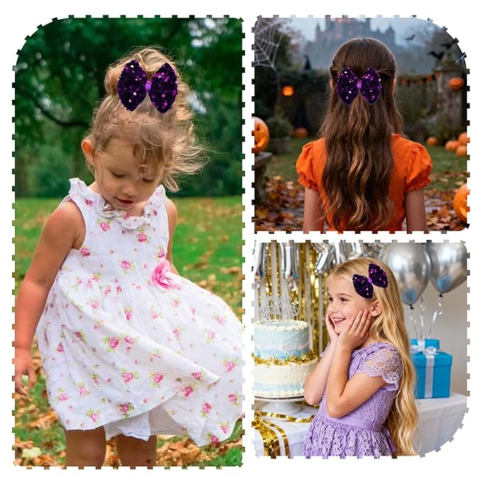 Velvet Sequin Hair Bows Elegant Purple Bow for Women Girls, 4in Glitter Handmade Hair Clips Alligator Clips Ponytail Holder Sparkly Hair Accessories for Helloween, Christmas, Birthday Party, Wedding