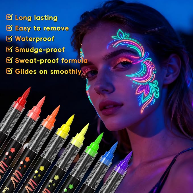 8-color luminous body painting, UV neon face painting pen, luminous face painting kit, washable skin tattoo pen, Halloween party makeup (8 colors)