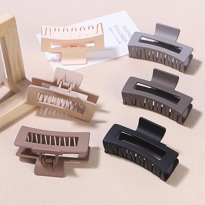 Square Hair Clips 3.5 Inch Medium Claw Clips Rectangle Hair Claw Clips 6 Pack Rubber Paint Jaw Non-Slip Thick Hair Accessories for Women Girls -Chocolate