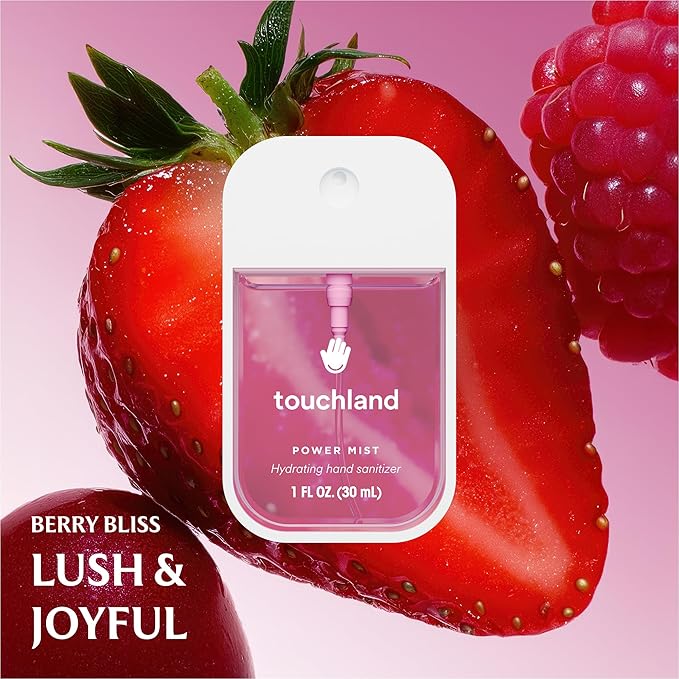 Touchland FRUITY CRUSH Body and Hand Mist Essentials (Peachy Lychee Body & Hair Fragrance Mist, 2 FL. OZ. + Berry Bliss Hydrating Hand Sanitizer Spray 1FL.OZ.), Travel Size Set