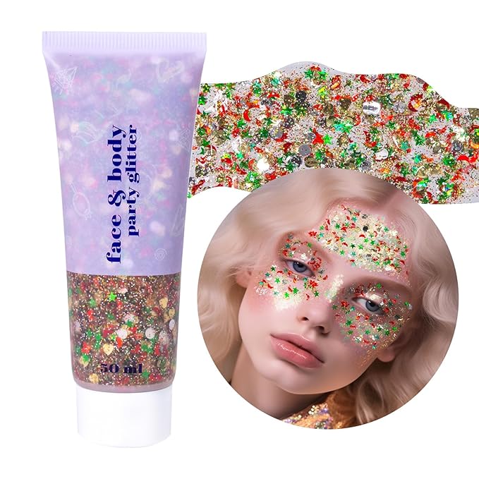 DAGEDA Christmas Body Glitter Gel, Gold Red Green Face Hair Glitter Makeup, Christmas Tattoos Accessories,Holographic Chunky Glitters, Shimmer Face Paint Singer Concert Rave Accessories 50ml