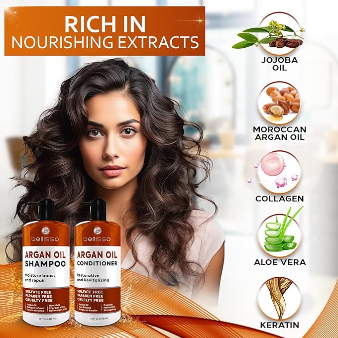Moroccan Argan Oil Shampoo and Conditioner Set - Sulfate Free with No Parabens - Botanicals for Women and Men - Professional Moisturizing, Anti Frizz, Hydrating Solution for Dry, Wavy and Curly Hair