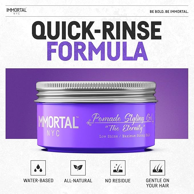 Immortal NYC Hair Styling Pomade - The Eternity, Extra Strong Hold, Low Shine, Water-Based, All Natural, No Residue, Men’s Pomade for All Hair Types