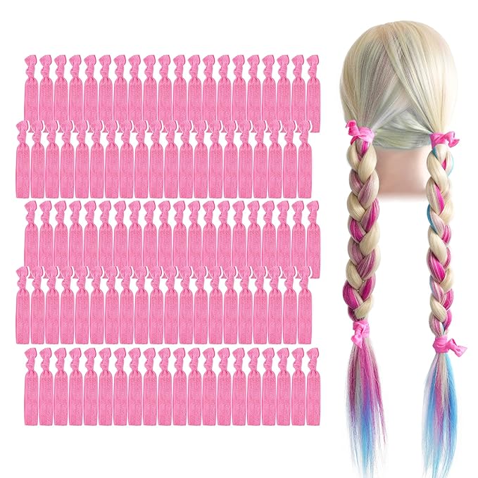 MEEDEE 100 Pack Hot Pink Elastic Hair Accessories - No Crease Soft Knotted Ponytail Holders, Ouchless for Yoga/Workout, No Damage Elastic Bracelets