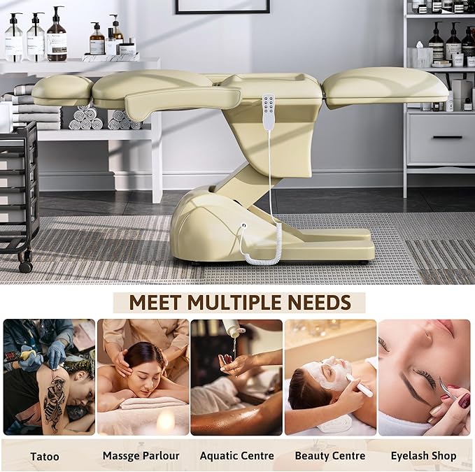3 Motor Electric Esthetician Bed, Fully Electric Facial Chair with Adjustable Height, Backrest and Footrest, Spa Chair with Armrest & Heavy Duty Base, PU Leather for Spa, Tattoo, Eyelash and So On