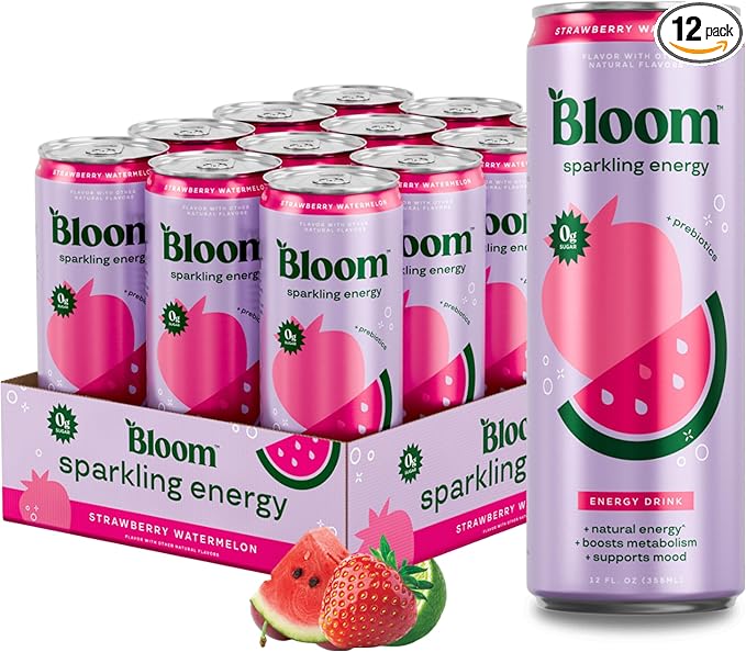 Bloom Nutrition Sparkling Energy Drink - Natural Caffeine, Zero Sugar, 180mg Caffeine - Antioxidant-Rich with Green Coffee Bean, Green Tea Extract, Prebiotics - Strawberry Watermelon - 12oz 12 Pack