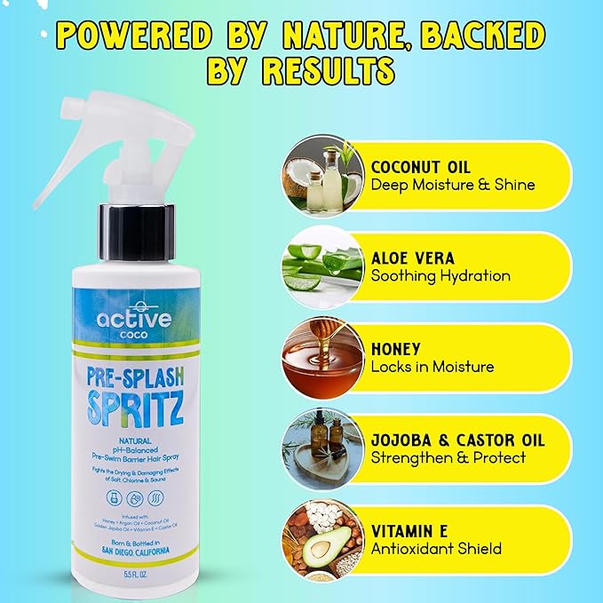 Pre-Swim Hair Protection Spray – Chlorine, Salt Water & Sauna for Swimmers - Coconut Oil, Jojoba, Aloe Vera & Vitamin E Leave-In Conditioner - Protects Color-Treated & Dry Hair, Made in USA