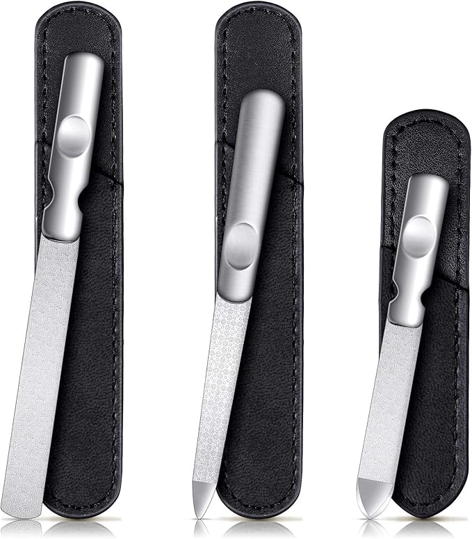 3 Pcs Stainless Steel Nail Files Kit with Leather Case, Double Sided Metal Nail Files with Anti-Slip Handle for Women and Men, Metal File Buffer Manicure Pedicure Tools for Fingernail Toenail(Black)