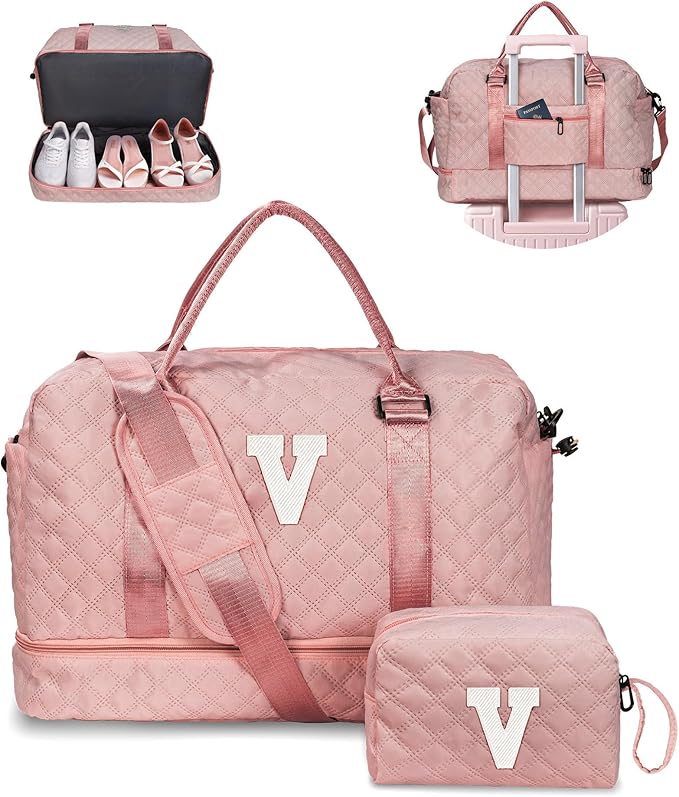 Birthday Gifts for Women - Initial Duffle with Shoe Compartment, Personalized Weekender, Monogram Overnight, Letter Travel Bag with Makeup Bag; Preppy Girl Gift (Letter V)