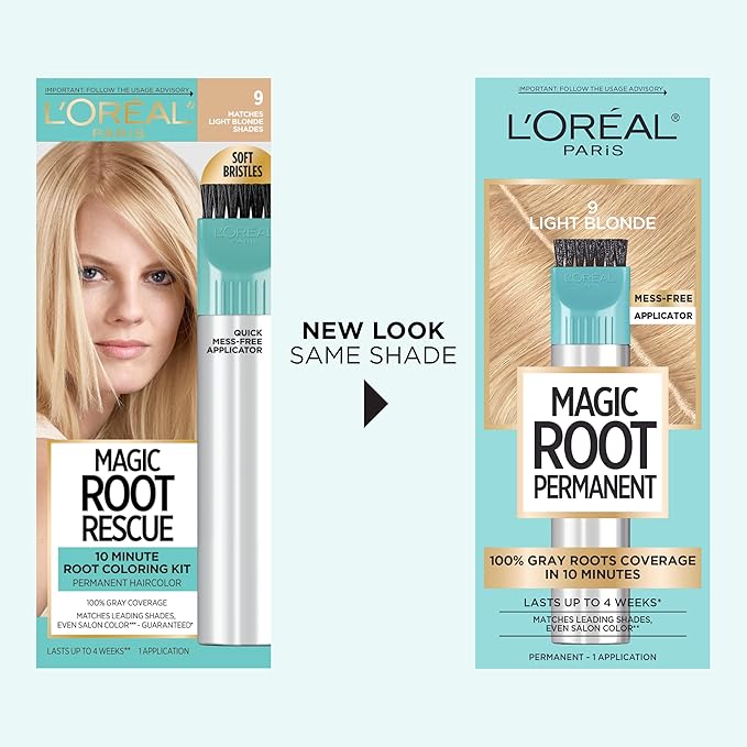 L’Oreal Paris Magic Root Rescue 10 Minute Root Hair Coloring Kit, Permanent Hair Color with Quick Precision Applicator, 100 percent Gray Coverage, 9 Light Blonde, 1 kit (Packaging May Vary)