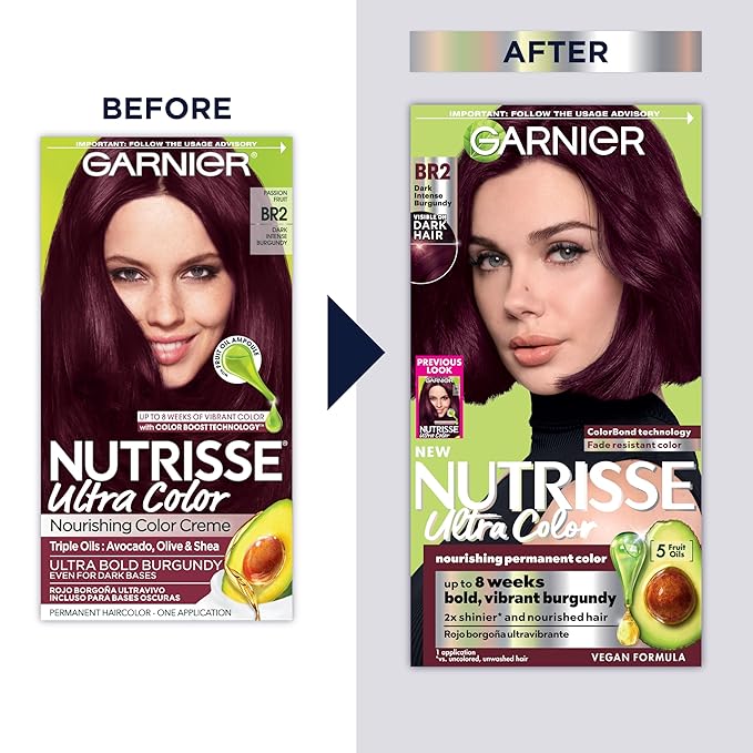 Garnier Hair Color Nutrisse Ultra Color Nourishing Creme, BR2 Dark Intense Burgundy (Passion Fruit) Red Permanent Hair Dye, 2 Count (Packaging May Vary)