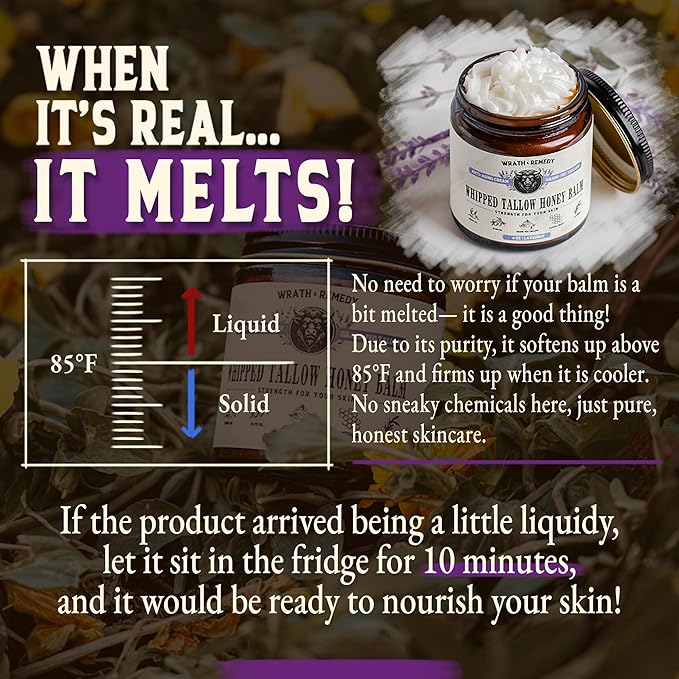 Organic Beef Tallow for Skin - 4 OZ (Lavender) — Grass Fed Beef Tallow for face + Body — US-Made Whipped Tallow and Honey Balm Moisturizer for Dry and Sensitive Skin, Eczema, Rosacea (No Additives)