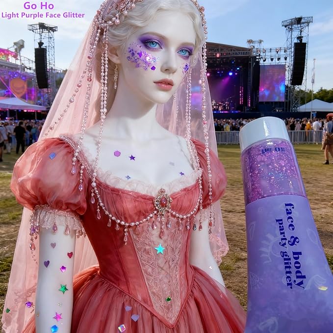 Go Ho Light Purple Face Body Glitter - Party Flash Festival Rave Outfits for Women&Kids,Holographic Glitter Face Paint,Halloween Mermaid Fairy Makeup Chunky Sequins Gel,Rave Pride Accessories