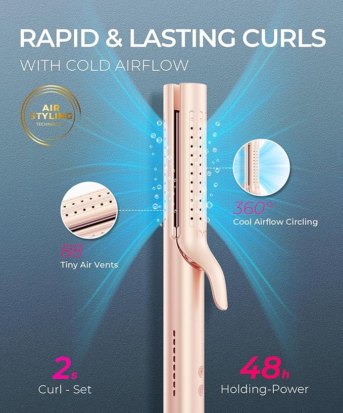 TYMO Airflow 2.0 Curling Iron Flat Iron - Hair Straightener and Curler 2 in 1, 1.25 Inch Curling Wand for Long Short Hair, Dual Voltage for Travel, 54 Million Ionic, Anti-Tangle, 5 Temps, Gold Blush