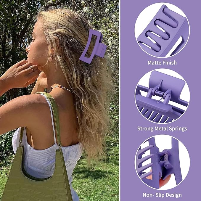 3.5 Inch Medium Hair Claw Clips 6 Pack Hair Clips for Women Square Rectangle Claw for Hair Banana Jaw Clips Hair Accessories for Girls (Purple)