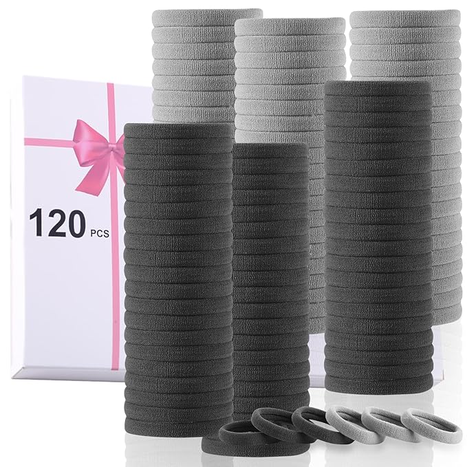 LuSeren 120 Pcs No Damage Hair Ties for Thick Hair, Large Soft Seamless Nylon Hair Elastics for Women, Ponytail Holders, Hair Accessories – Light Grey and Grey Color