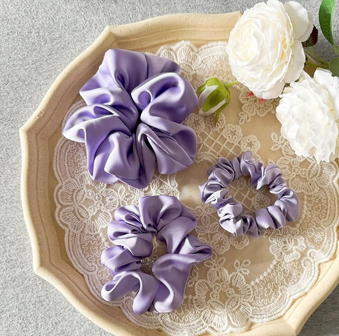3 Pieces Satin Scrunchies Set for Hair No Crease Elastic Hair Ties for Women and Girls (Purple)