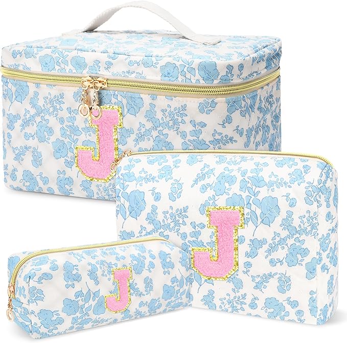 3 PCS Travel Makeup Bag Set, A–Z Initials Cotton Quilted Cosmetic Bag for Women & Preppy, Personalized Toiletry Bag Travel Accessories Makeup Brushes Organizer, Valentine’s Day & Birthday Gift for Her