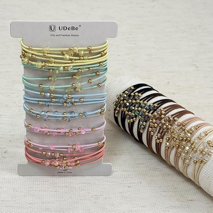 10pcs Colorful Hair Ties with Gold & Crystal Beads, Thin Elastic Ponytail Holders for Women, No Damage, Stylish Hair Accessories