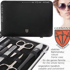 3 Swords Germany - brand quality 11 piece manicure pedicure grooming kit set for professional finger & toe nail care scissors clipper black genuine leather case in gift box, Made in Germany