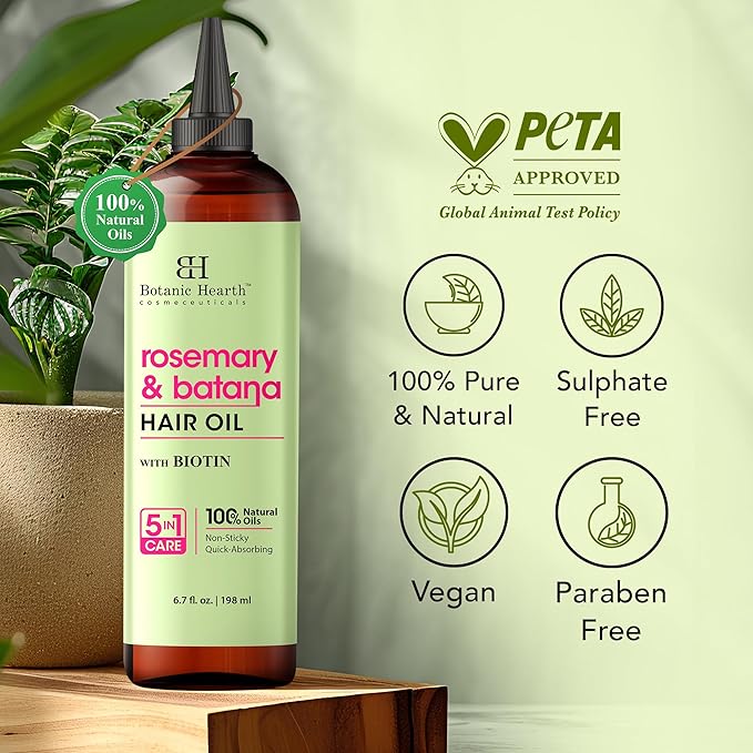 Botanic Hearth Hair Oil for Hair Growth | Strengthening Dry, Frizzy, Damaged Hair & Scalp Treatment | No Parabens or Harmful Sulfates | All Hair Types | Rosemary & Batana Hair Oil - 6.7 Fl Oz
