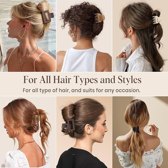 8 Pcs Medium Hair Clips for Women Girls - 2 Styles Rectangle and Double Row Teeth Small Claw Clips for Thin Fine Thick Hair, Matte Non-slip Strong Hold Jaw Clips Hair Accessories, Brown