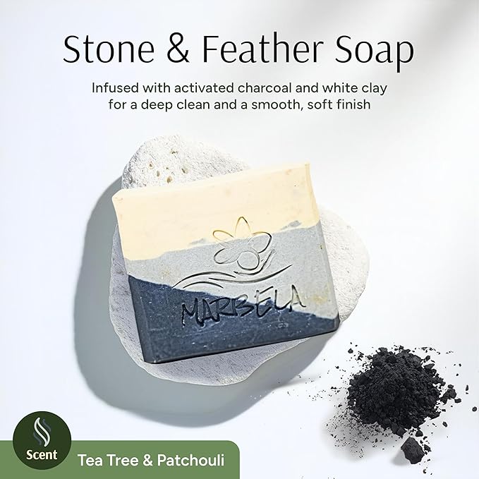 Marbela Cosmetics Stone & Feather Handmade Soap Bar - Made in USA, Vegan Friendly, Palm Oil Free, Natural Bar Soap - Gentle Face & Body Soap for Daily Skin Care, Moisturizing & Nourishing - 3.5 oz