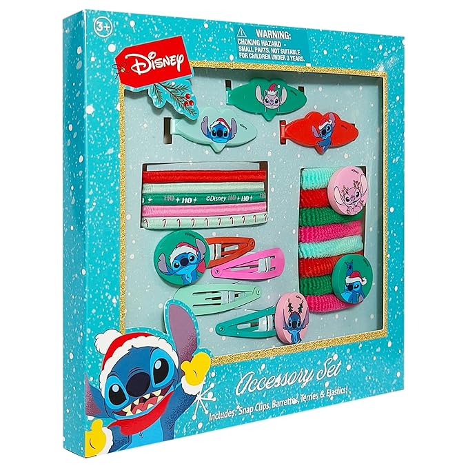 Luv Her Disney Lilo & Stitch Girls' Hair Accessories Set - 20 Pack Christmas Stitch - Includes 3 Barrettes, 4 Snap Clips, 5 Elastics, 8 Terry Ponies - Everyday Wear, Special Occasions, Ages 3+