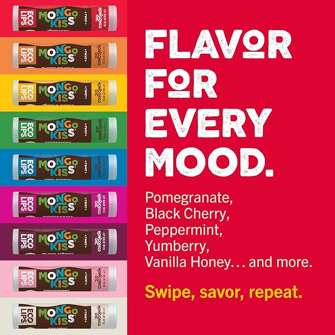 Mongo Kiss Organic Lip Balm 6-Pack by Eco Lips 100% Organic Beeswax & Cocoa Butter Lip Care with Mongongo Oil - Soothe & Moisturize Dry & Cracked Lips - Made in USA. (Pomegranate, Yumberry, Blood Oran