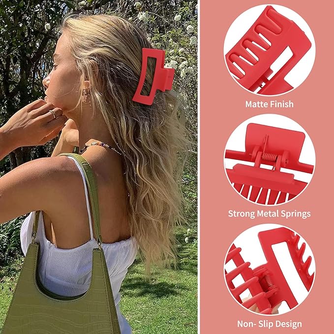 3.5 Inch Medium Hair Claw Clips 6 Pack Hair Clips for Women Square Rectangle Claw for Hair Banana Jaw Clips Hair Accessories for Girls -Red
