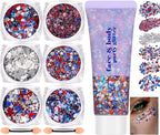 Red White Blue Face Body Hair Glitter Gel, USA Flag Pride 4th of July Patriotic Accessories Face Paint Glitter Makeup, 6 Kinds of Sparkling Sequins for Independence Day Patriotic Veterans Day