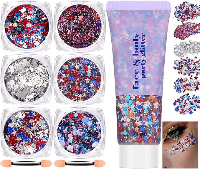 Red White Blue Face Body Hair Glitter Gel, USA Flag Pride 4th of July Patriotic Accessories Face Paint Glitter Makeup, 6 Kinds of Sparkling Sequins for Independence Day Patriotic Veterans Day