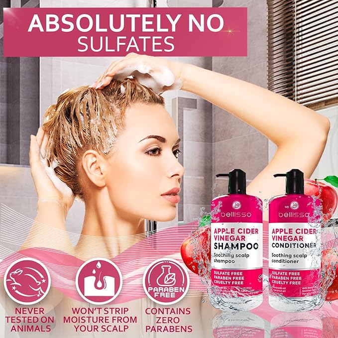 Apple Cider Vinegar Shampoo and Conditioner Set - Stop Flaky and Itchy Scalp – Sulfate Paraben Free Anti Dandruff Soothing Treatment for Dry, Oily and Damaged Hair - Intense Care for Women and Men
