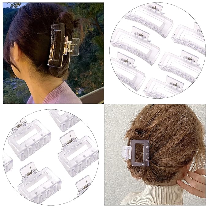 12 Pack Clear Square Claw Clips, Big and Small Neutral Rectangle Hair Claw Clips, Non-slip Matte Large Hair Clips for Women,Strong Hold jaw clip for Thick Thin Hair
