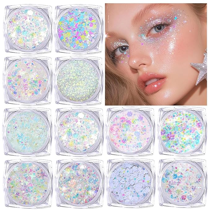 Body Glitter Face Glitter, Hair Glitter for Kids, 12 Shapes Fine Chunky Glitter Gel for Women Girls Makeup Sparkles Party Mermaid Sequins Rave Accessories Singer Concerts Festival (White Scheme)