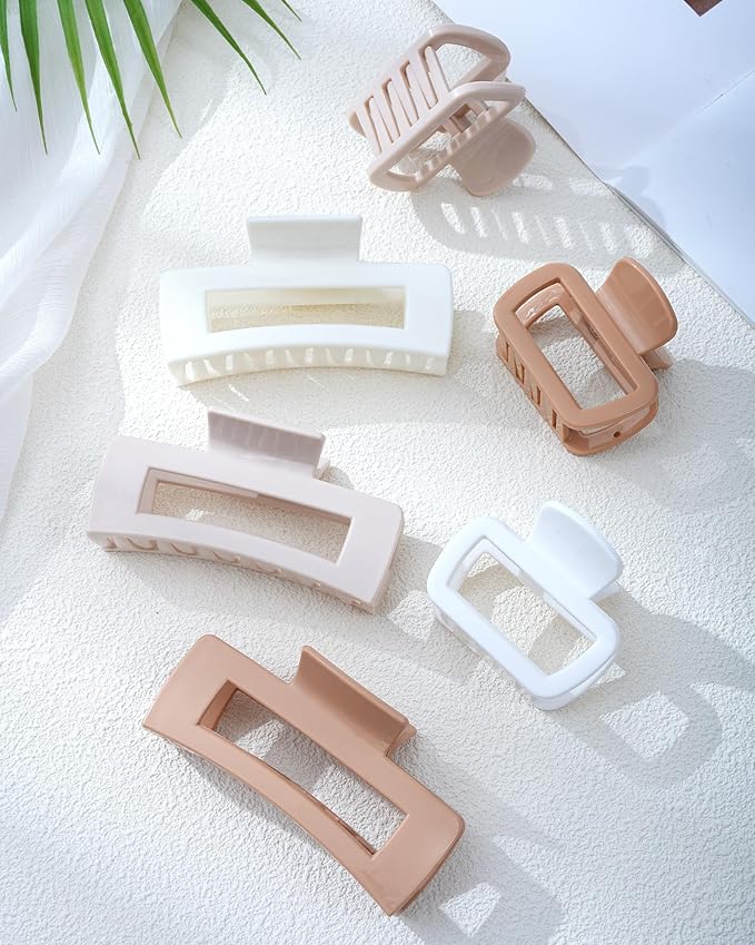 Mesovor 2 Styles Silicone Flexible Hair Claw Clips, 6 Pack Soft Bendable Hair Clips for Women | Rectangle Small Large Cozy Hairclips (White, Light Khaki, Dark Khaki)