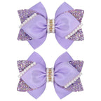 4" Sparkly Glitter Sequin Ribbon Hair Bow Clips,Pearl Wedding Boutique Alligator Barrettes Pins for Teens Toddler,Cheerleader Girls Kids Birthday Party Dress Decor Accessory (Light Purple)