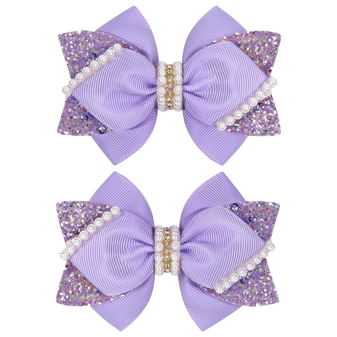 4" Sparkly Glitter Sequin Ribbon Hair Bow Clips,Pearl Wedding Boutique Alligator Barrettes Pins for Teens Toddler,Cheerleader Girls Kids Birthday Party Dress Decor Accessory (Light Purple)