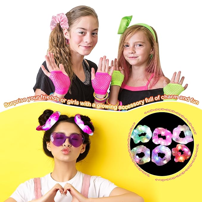 48 Pcs Light up Scrunchies Luminous Hair Scrunchies Neon Colorful Hair Tie for Women Girls Glow in the Dark Christmas Carnival Party Supply