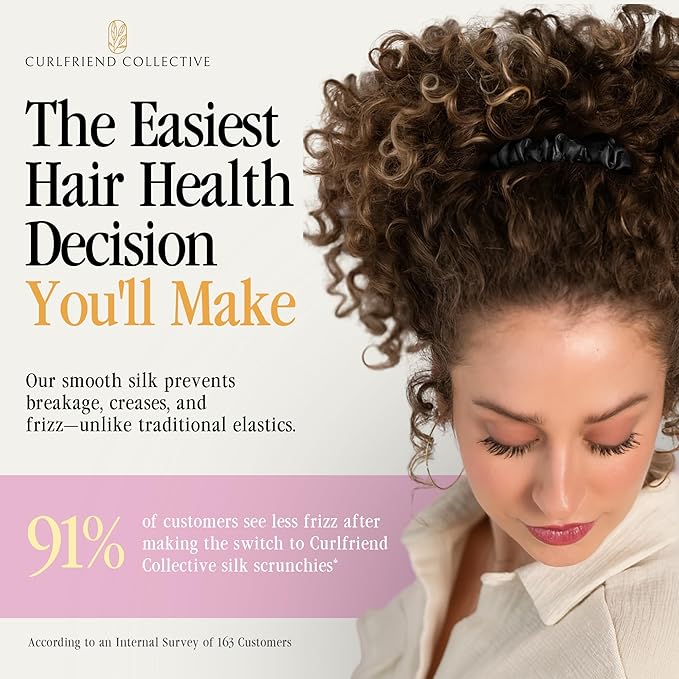 Curlfriend Collective Onyx Midi Curly Hair Silk Scrunchies for Women, Black | 22 Momme Mulberry Silk Hair Ties for Curly, Coily, and Wavy Hair - Black, Pack of 4
