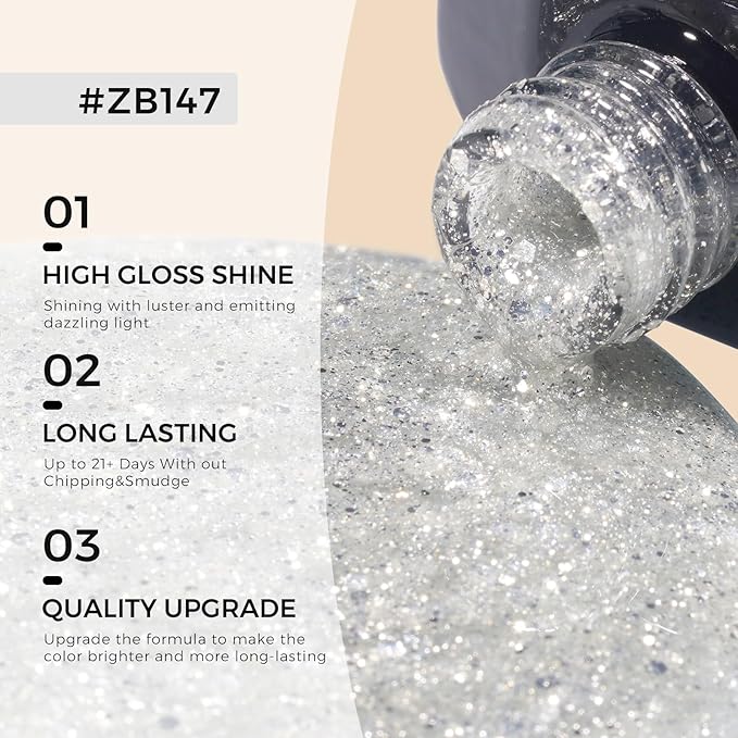 TOMICCA Glitter Gel Polish, 15ml Silver Sparkle Clear Gel Nails Polish, Soak Off UV LED Cure Needed Transparent Shimmer Nail Art Manicure French Salon Gifts For Woman