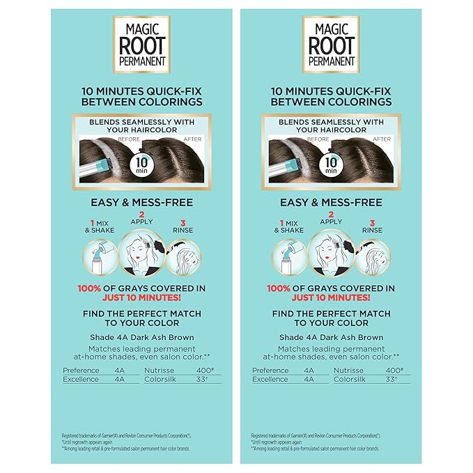 L’Oréal Paris Magic Root Permanent Hair Color, 10 Minute Hair Dye Kit to Rescue Roots with 100% Gray Hair Coverage, 4A Dark Ash Brown, 2 Pack (Packaging May Vary)